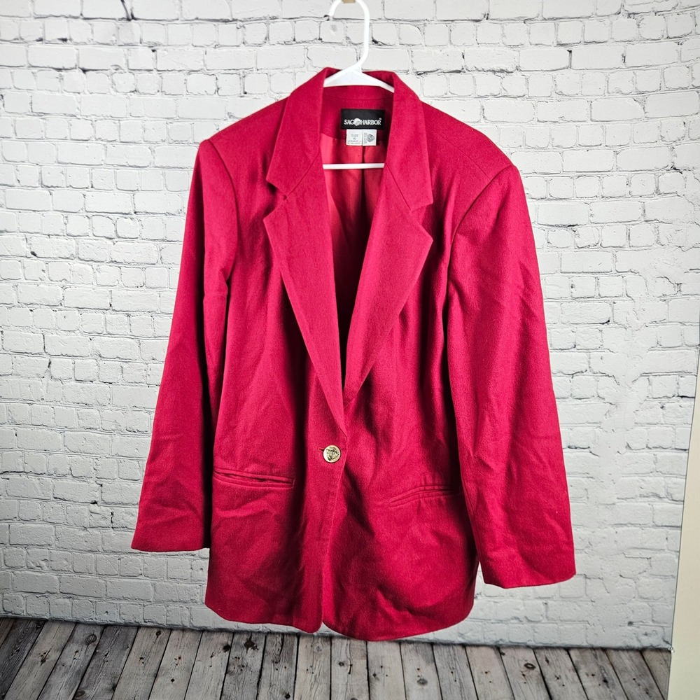 Sag Harbor Vintage Red 100% Wool Blazer Jacket Size 16 Gold Crest Button 3600